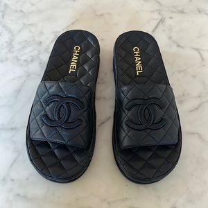 Chanel Leather Quilted Slides Navy